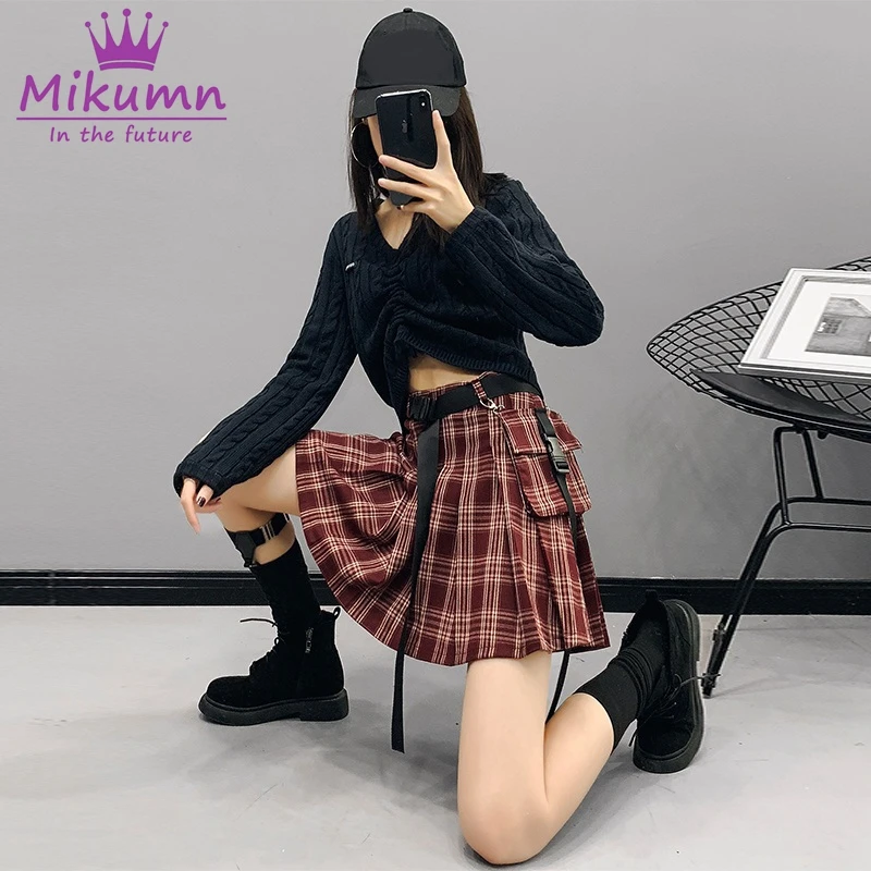 Женская плиссированная мини юбка с карманами высокой талией в стиле Харадзюку