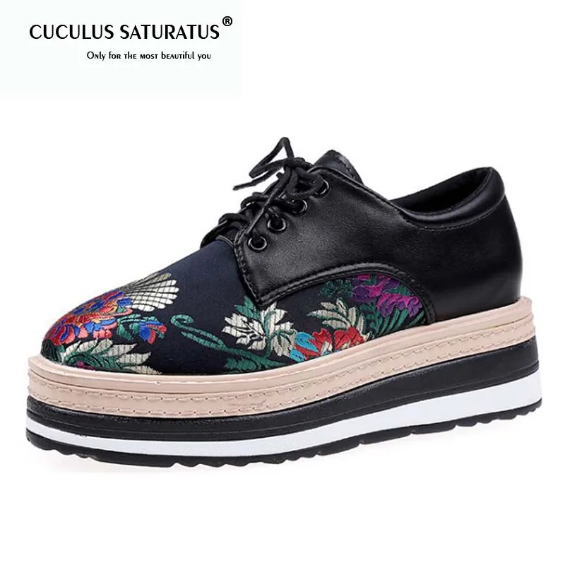 

Cuculus new 2019 Spring/Autumn women's shoes Platform shoes high quality PU fashion Lace-up embroidery Casual flats shoes 1793