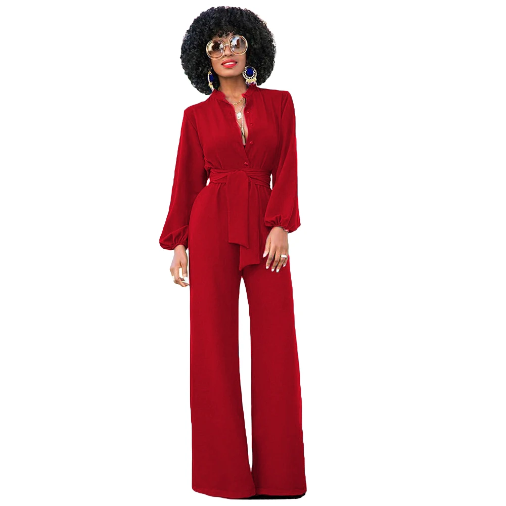 2019 New Women Jumpsuit Solid Color Stand Collar Long Sleeve Buttons