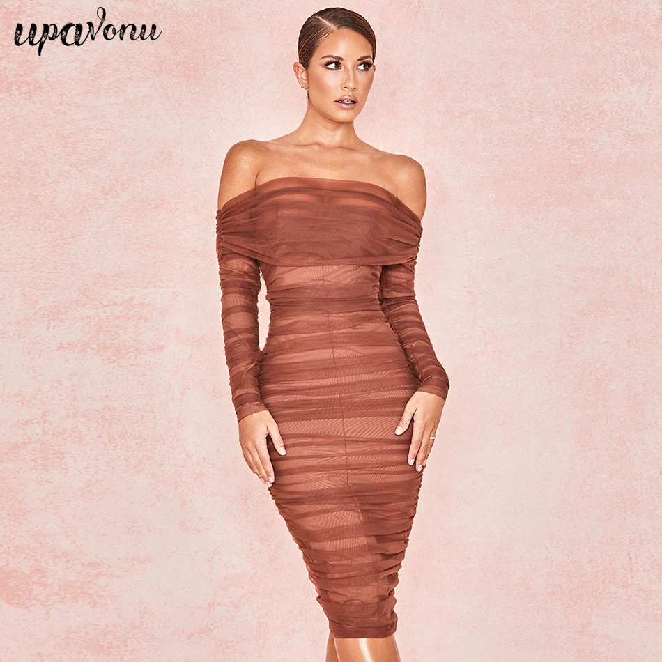 

2019 New Summer Women Dress Slash Neck Mesh Dress Sexy Bodycon Elegant Celebrity Party Brown Dresses Vestidos Wholesale