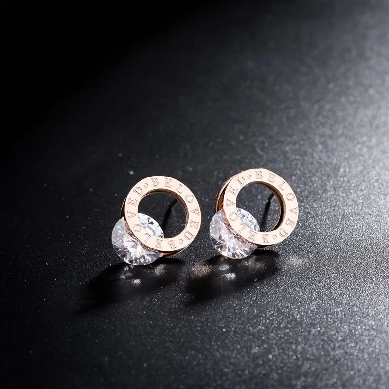 

Classic Titanium Steel CZ Crystal Circle Stud Earrings Rose Gold BeLoved Wedding Engagement Earrings For Women Kolczyki ZE18173
