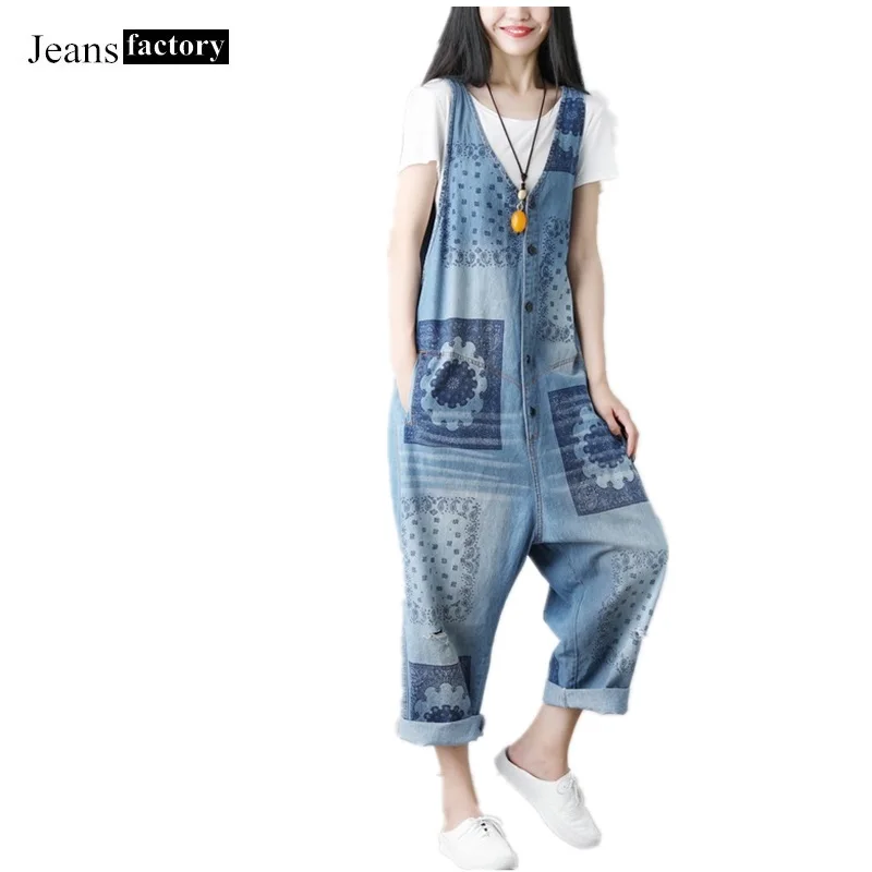 

Jumpsuit Women Washed Print Hole Jeans Denim Overalls Cotton Casual wild blue Jumpsuits Large Size Female Rompers kombinezon new