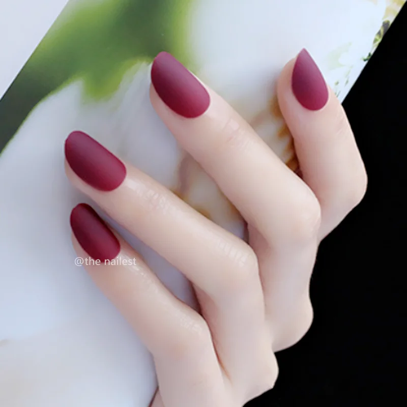 

24Pcs Burgundy Dull Polish Effect Nail Tips Clear Short Frosted Fake Nails With Glue Sticker Oval Matte Press On Nails