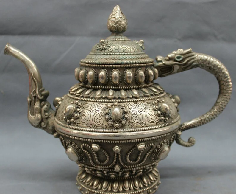 

JP S0608 12" Chinese Silver Buddhism Auspicious Dragon Head Statue Wine Pot Teapot Flagon