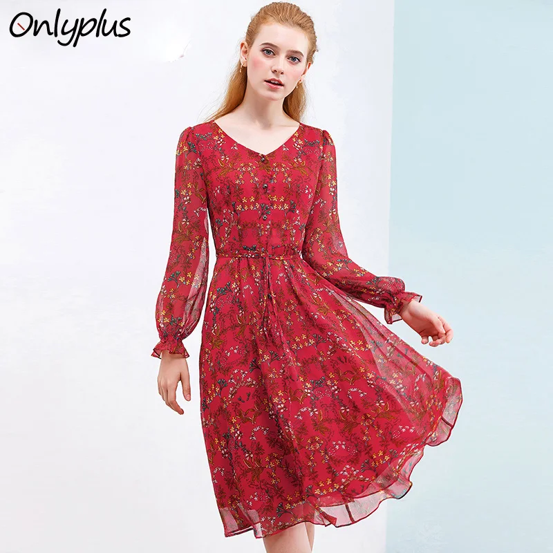 

Onlyplus 2019 Spring Red Chiffon Dress Women Autumn Casual Slim Printed Party Dresses V-Neck Long Sleeve Belt Fairy Dress