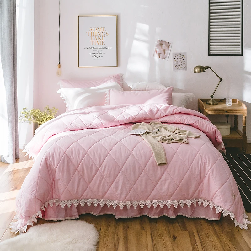 

Twin Queen King size White Pink Bedding Set Quilted Cotton Duvet cover Bed set Bedskirts Bed sheet parure de lit ropa de cama