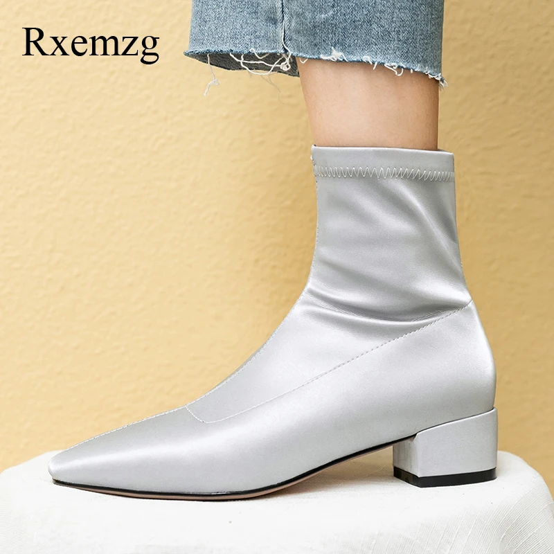 

Rxemzg fashion ankle boots women 2019 spring square toe stretch fabric boots ladies zipper square heel sexy booties plus size 43