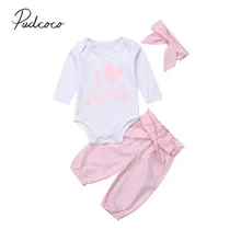 Фирменная Новинка для новорожденных девочек Осенняя Одежда для мальчиков 3 шт. любовь мама сердце комбинезон с длинными рукавами Топы+ розовые штаны с бантом+ повязка на голову