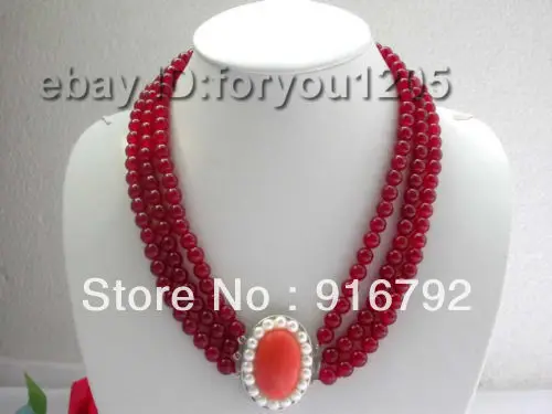 

22" 3rows Round Red Jade Necklace Carnelian Clasp!