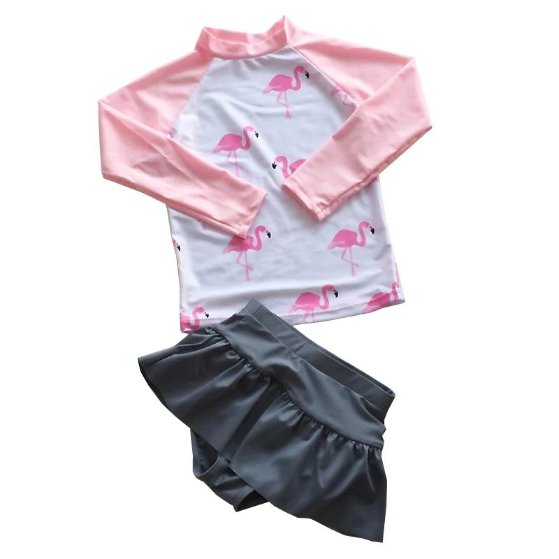 

Girls Swimwear 2018 New Flamingo Children Long Sleeve Rashguard Trunks Swimsuit Girls Two Piece Bathing Suit Sports Wetsuit