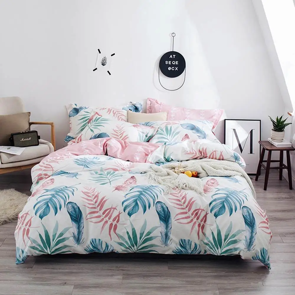 

2019 Green Blue Pink Feathers Cartoon Bed Cover Soft Cotton Bedlinens Twin Queen King Duvet Cover Set Bedspread Pillowcases