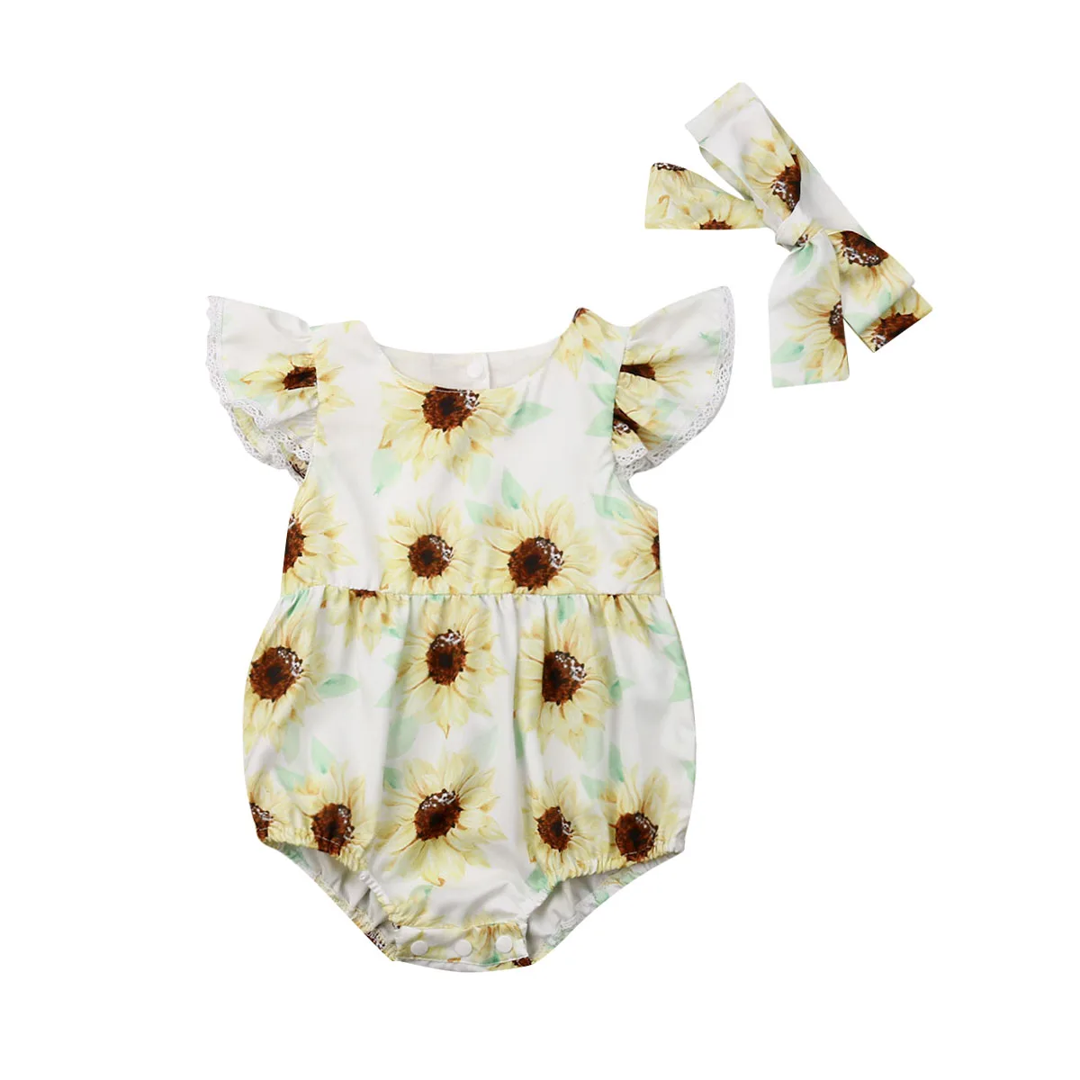 

Summer Newborn Baby Girl Bodysuit Sunflower Jumpsuit + Hairband Headband Babygrow Vest Outfits Clothes Set