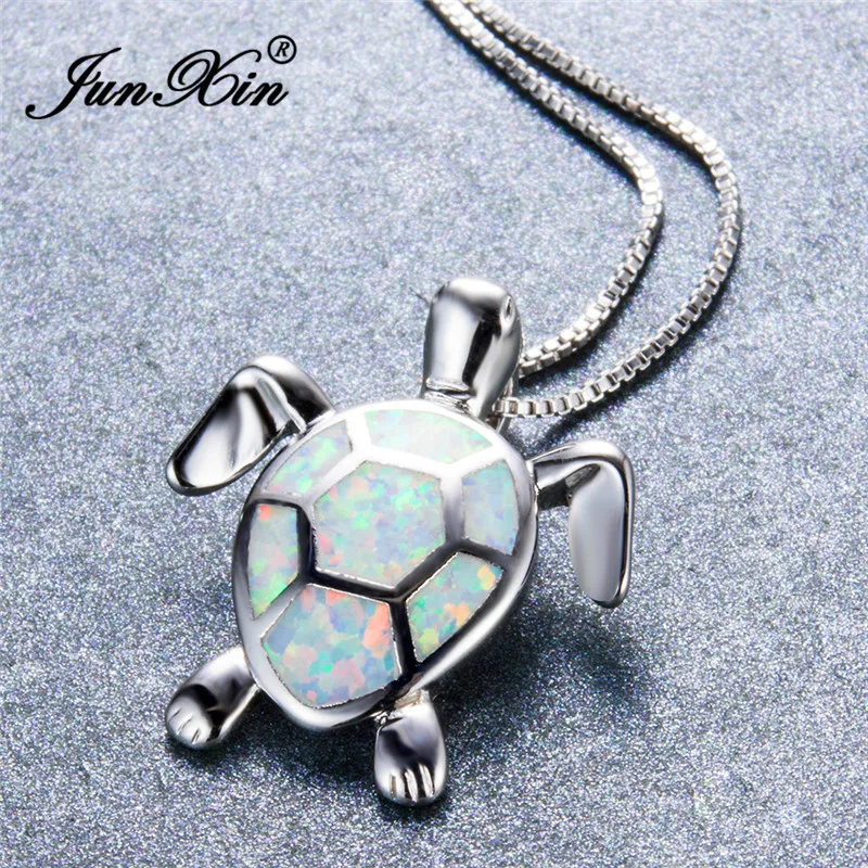 

JUNXIN Cute Turtle Pendants 925 Sterling Silver Filled Animal Choker Mystic White Fire Opal Necklaces For Women Gifts For Lovers