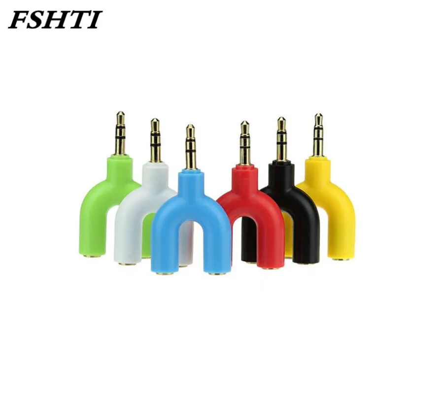 

200PC Free shipping Earphone Splitter 3.5mm Audio Converter 1 Male To 2 Female U Shape Stereo 2 Way Headphone Adapters Converter