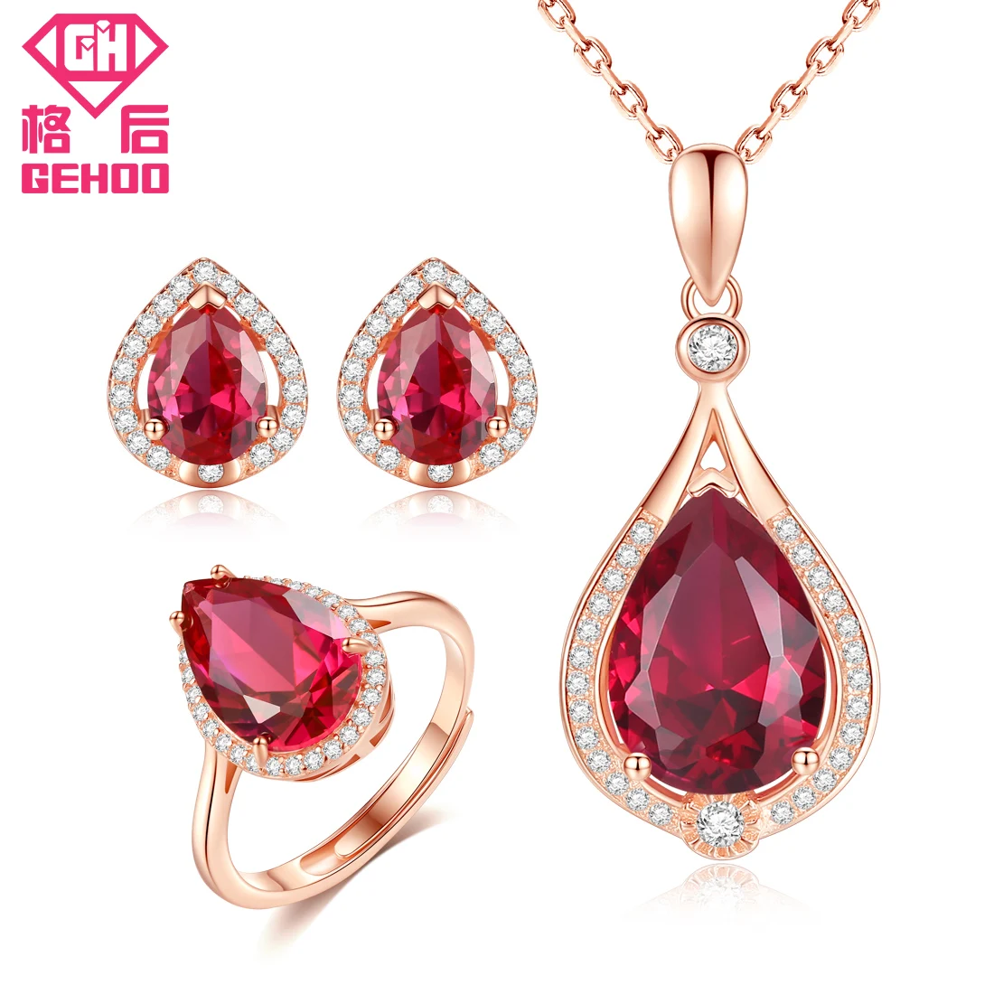 

GEHOO 925 Sterling Silver Fine Jewelry Set Ruby Paved CZ Pendant Water Drop Design Women Charm Necklace & Stud Earrings & Ring