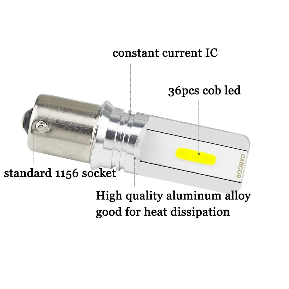 2 шт. S25 1156 BA15S p21w COB 36 чипов Алюминиевый корпус 1157 BAY15D 3 Вт 0.24A 6500K белая