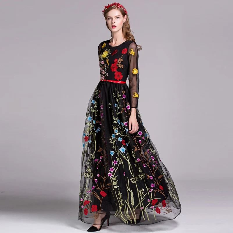 

Vintage Embroidery Long Dress Autumn 2016 New Fashion For Women Elegant Temperament Long Sleeve Floor-Length Dress