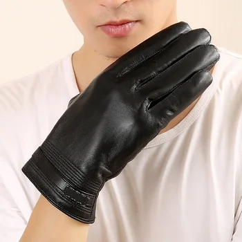 

New Men's Winter Warm With Velvet Touch Sheepskin Wrist Gloves 100% Genuine Leather Outdoor Riding Thick Black Mittens Wholesale