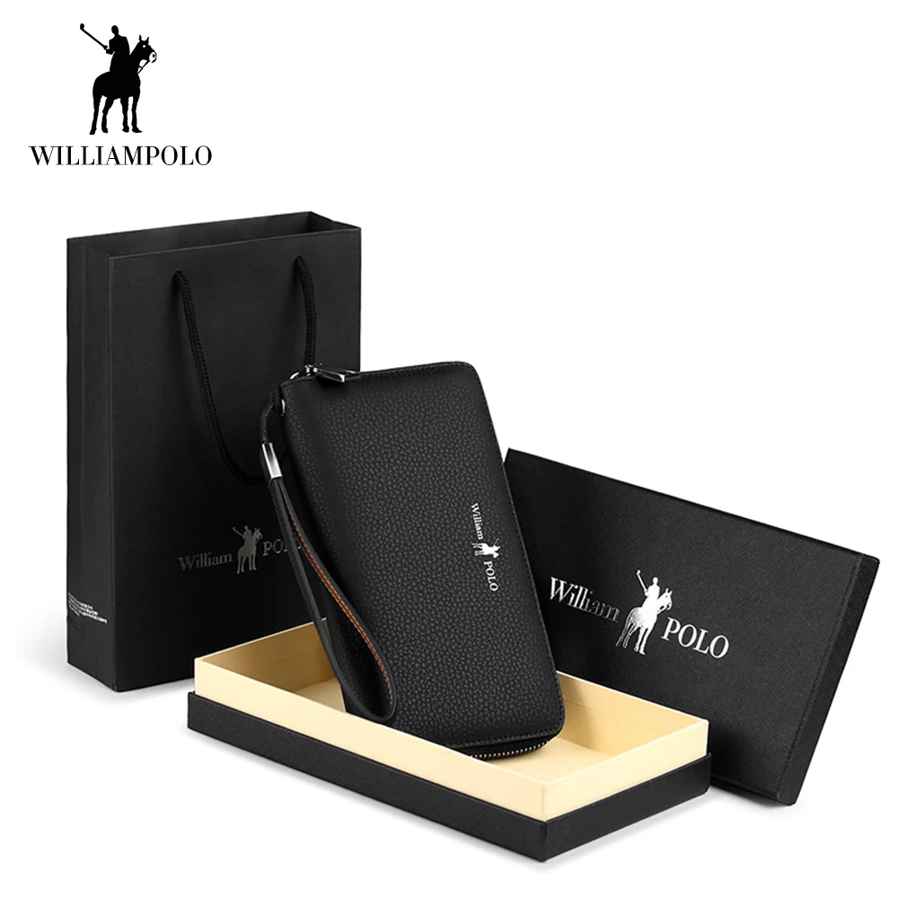 WilliamPOLO Men Wallet Long Clutch Anti Theft Strap Multi Card Holder Genuine Leather Phone Cash Coin Purse with Zipper Pocket