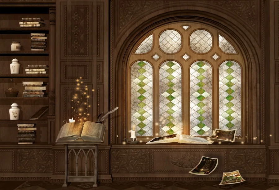 

Laeacco Magic Book Study Window Wooden Shelf Baby Photo Backgrounds Customized Digital Photography Backdrops For Photo Studio