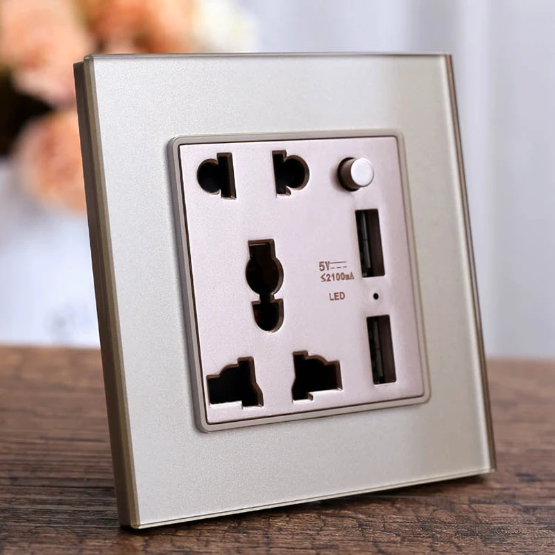 10A 2100mA Dual USB Charger Wall Power Socket, Crystal Toughened Glass