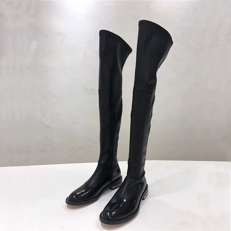

2018 Hot Autumn Winter Shoes Woman Leather Over the Knee Boots Metal Chain Thigh High Boots Designer Woman Casual Boots Shoes
