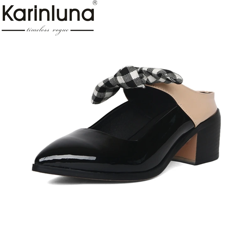

KARINLUNA Hot Sale Genuine Leather Black Shoes Woman Shoes Butterfly Pointed Toe Heels Casual slip-on Mules Pumps