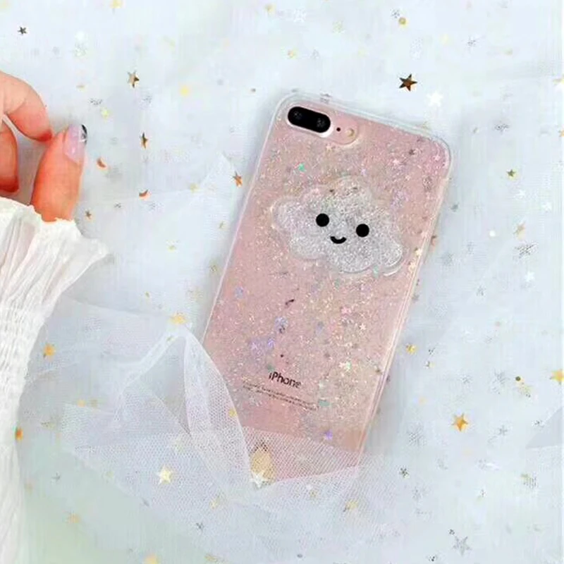 Cute Glitter Powder Smile Face Clouds Mobile Phone Case For iPhone X Soft TPU Dynamic Beads Back Cover For iphone 6 6s 7 8 Plus Case (6)
