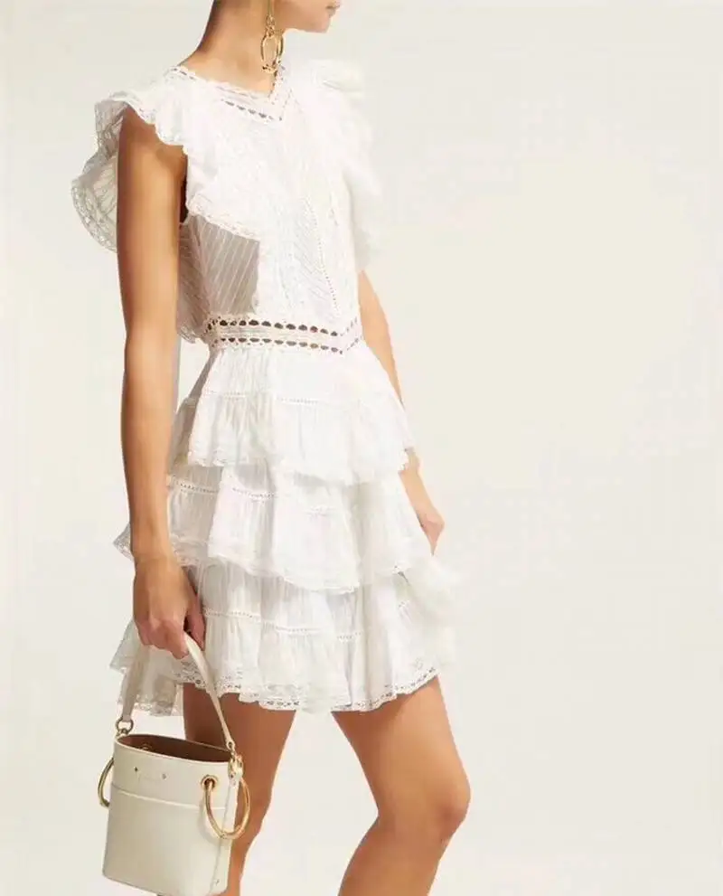 summer Cotton Patchwork Lace Cake Dress Runway Layers Ruffles Puff Sleeve Dress Women Hollow Out Vestidos