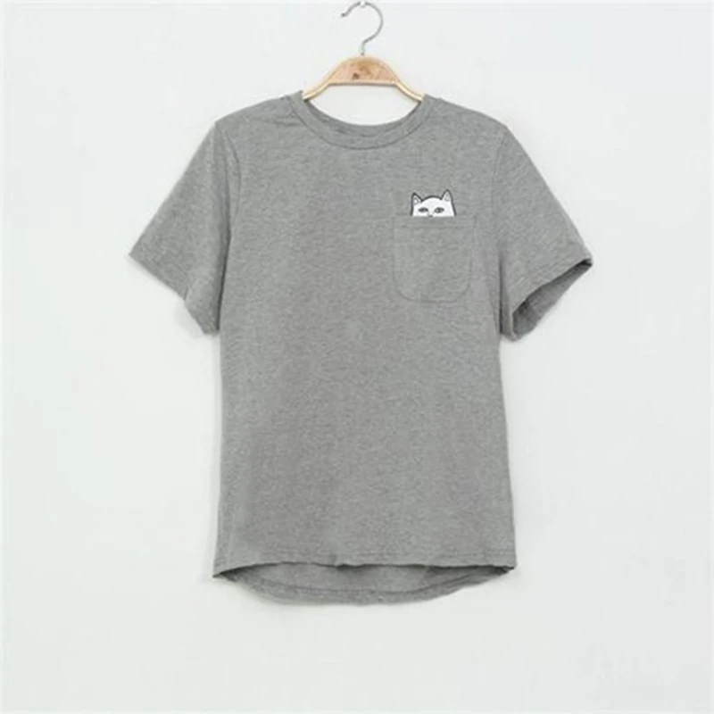 Summer T-shirts Women Casual Lady Top Tees Cotton T-shirt Female Brand Clothing Printed Pocket Cat Alien Top Plus Size Cute Tee