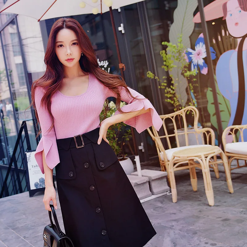 

Dabuwawa Spring Women Flare Sleeve Knitted Sweaters Pink White Black Solid Slim Basic Top Pullovers DN1CJS019