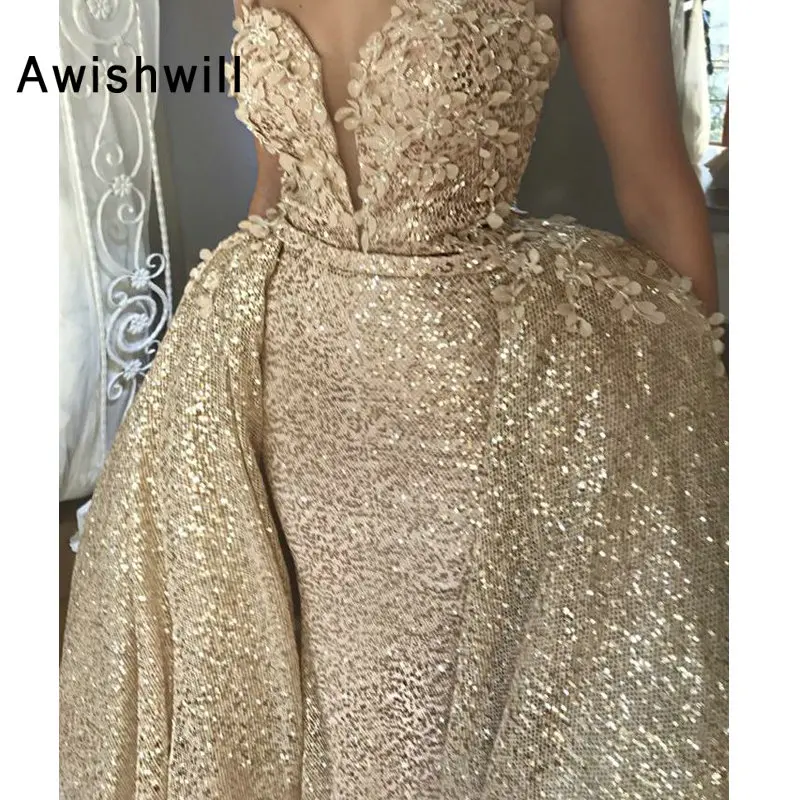 New Arrival Sequin Prom Dress With Detachable Train Appliques Sleeveless Gala Formal Gowns Women Evening Dress Long