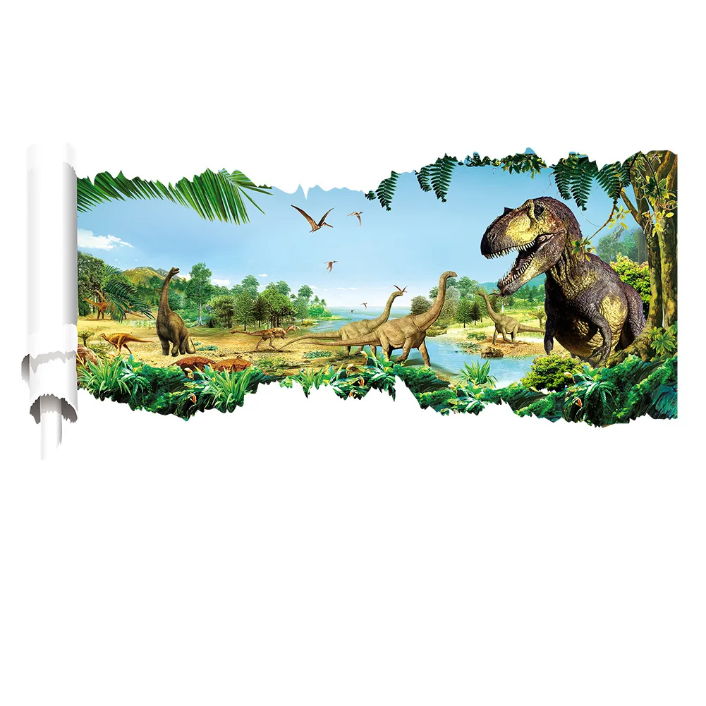 

3d dinosaurs through wall stickers jurassic park home decoration diy cartoon kids room boy bedroom wall decal mural art HCX019