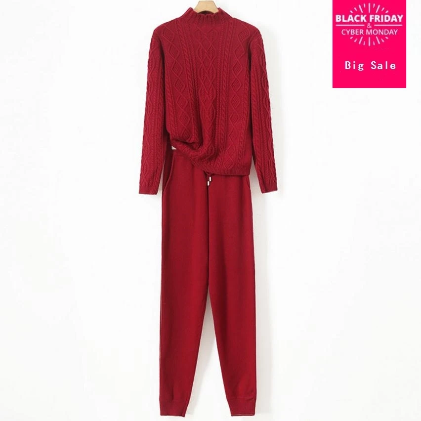 

Winter Sweater suit woolen + Mink Cashmere Trousers Leisure Two-piece suits elastic waist stand collar Knitted warm Suit wj1498