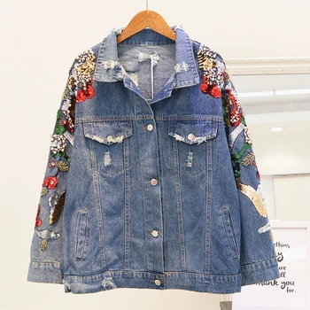 

2020 Spring Autumn Womens Jean Jacket Fashion Bead Sequins Denim Coat Girls Student Hole Loose Jeans Jackets Basic Outwear