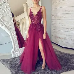 Eightale вечернее платье 2019 V шеи аппликация кружева бисером A-Line High split Tulle Purple Prom Gown вечерние Y Drss для выпускного вечера