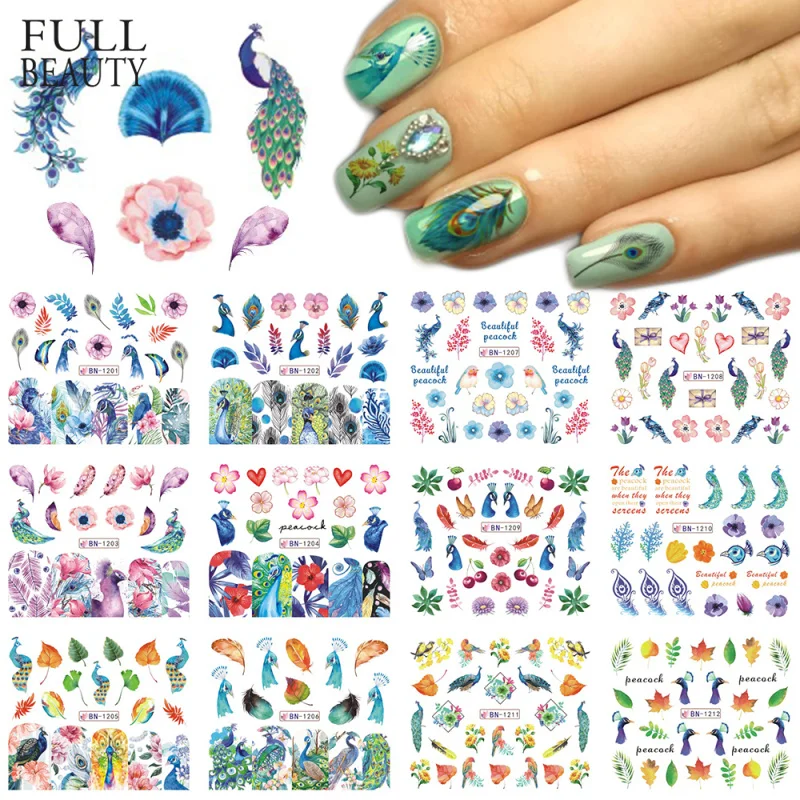 

12 Designs Nail Sticker Slider Colorful Peacock Leaf Flower Water Decal Wraps Nail Art Decor Beauty Foil Manicure CHBN1201-1212