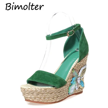 

Bimolter Ankle-Wrap Summer Sheep Suede Women Wedge Sandals Open Peep Toe Zapatos Mujer Platform High Heels Women Sandals NC032