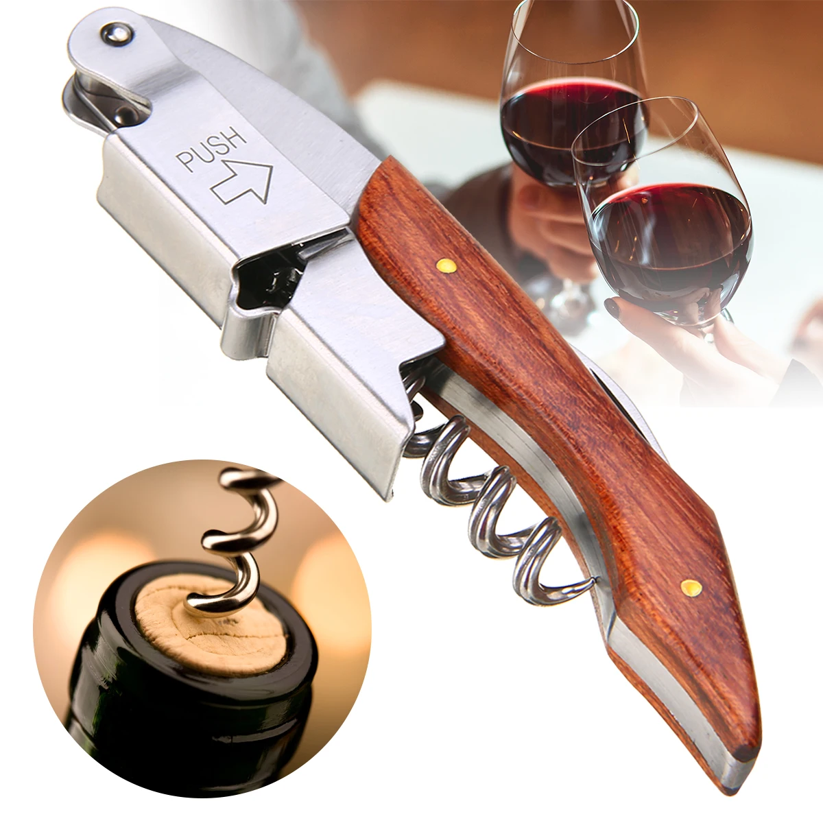 1pc Professional Wine Opener Portable Multifunction Screw Corkscrew Bottle Openers with Wood Handle Bar Kitchen Gadget