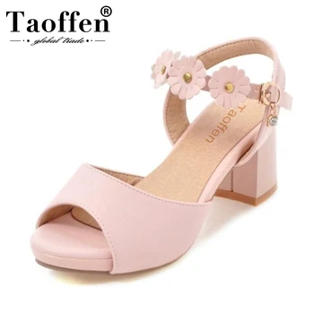 

TAOFFEN Size 33-43 Women Flower High Heel Sandals Ankle Strap Rivet Peep Toe Thick Heels Sandals Summer Office Ladies Shoes