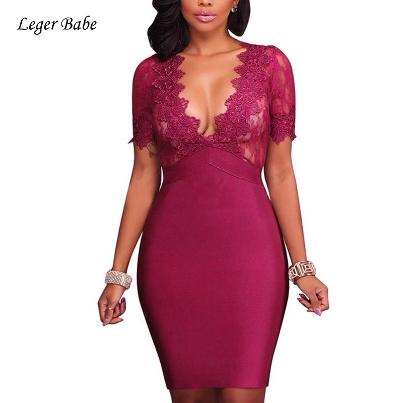 

Lace Patchwork Dresses Short Sleeve Sexy Deep V-neck Bandage Dress Knee-Length Summer Women Dress Party Clubwear Burgundy Black