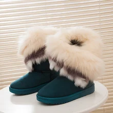 2016 Fashion Fox Rabbit Women Winter Boots Fur Slip-on Blue Snow Boots Female Mid-Calf Suede Shoes X969 30