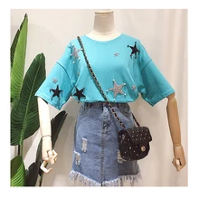 Новое поступление; Летнее Для женщин с О-образным вырезом короткий рукав принт в виде звезд Бисер 1/2 с рукавами «летучая мышь» свободные Повседневное футболки на любой вкус Топы