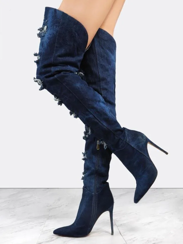 

2017 New Stylish Denim Pointed Toe High Heel Botas Mujer Over the Knee Holes Boots Spring Autumn Party Club Dress Shoes Women