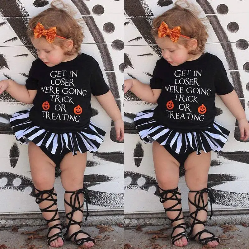

Halloween Summer Lovely Novelty Toddler Baby Girls Clothes Sets Short Sleeve Cartoon Letter Print Black T-Shirts Tops+Shorts