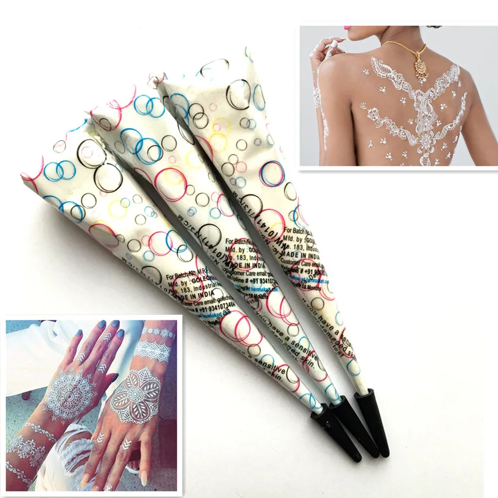 

3PCS/LOT White Color Natural Mehndi Henna Tattoo Paste Cone Waterproof Indian Tattoo Cream Cones Body Feet Arm Paint For Stencil