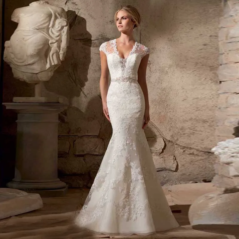 2016 New Elegant V-neck Whole Lace Cap Sleeves Beading and Crystals Bridal Gown Ivory Wedding Dress Vestidos | Свадьбы и торжества