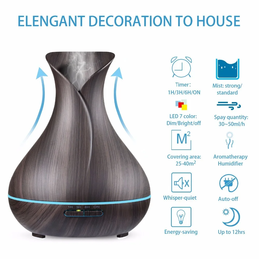 Billig Vase Form Ätherisches Öl Diffusor 500 ml Luftbefeuchter Holzmaserung 7 Farbe LED Licht Ultraschall Kühlen Nebel Maker Aroma diffusor