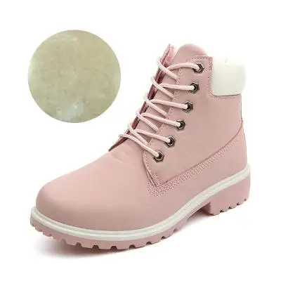 Женские зимние ботинки; сезон весна-осень; женские теплые рабочие ботинки на меху; обувь на шнуровке; Bota Feminina; женские кожаные ботинки; botas mujer - Цвет: Pink Fur