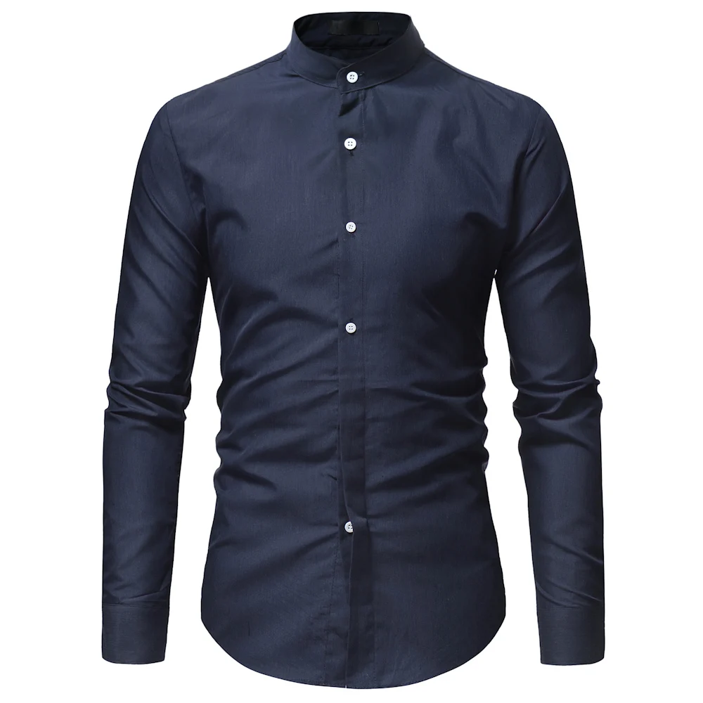 Бренд 2018 г. модные мужские рубашки с длинными рукавами Топы Классический Однотонная одежда мужская одежда рубашки стенд воротник тонкий